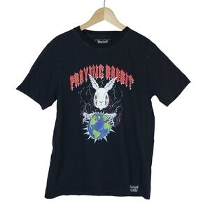 Praying Rabbit Mind Control T-Shirt Men's Large Black Graphic Tee Metal Goth